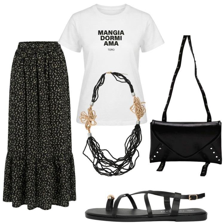 Outfit donna - Total look #2420343. Stile Minimal per Tutti i giorni. Abbinamento con sandali, collane, t-shirt, borse a tracolla, gonne lunghe.