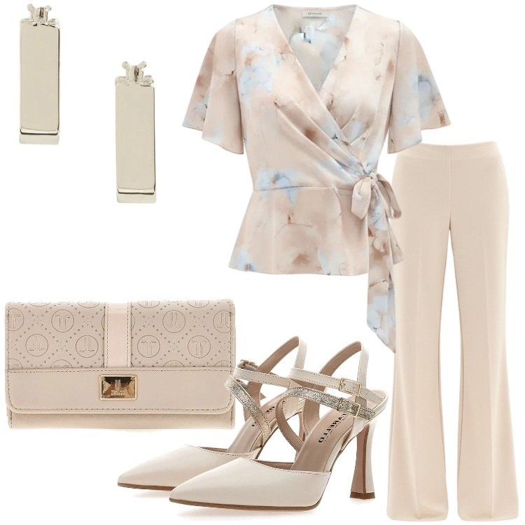 Outfit donna - Eleganza da protagonista. Stile Chic per Cerimonia. Abbinamento con bluse, pantaloni a palazzo, orecchini, décolleté, portafogli.