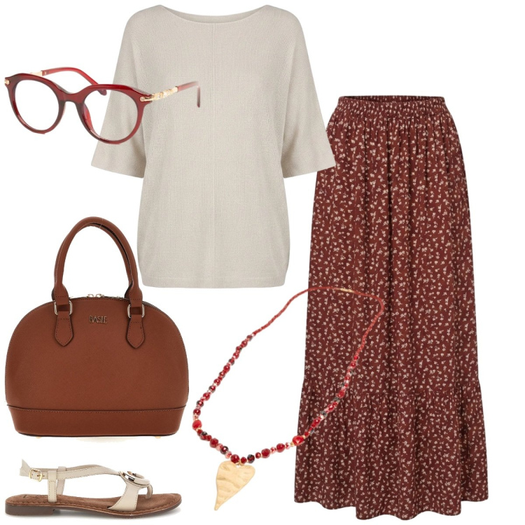 Outfit donna - Total look #2420350. Stile Casual chic per Tutti i giorni. Abbinamento con gonne lunghe, occhiali da sole, ciondoli, bluse, sandali, borse a mano.