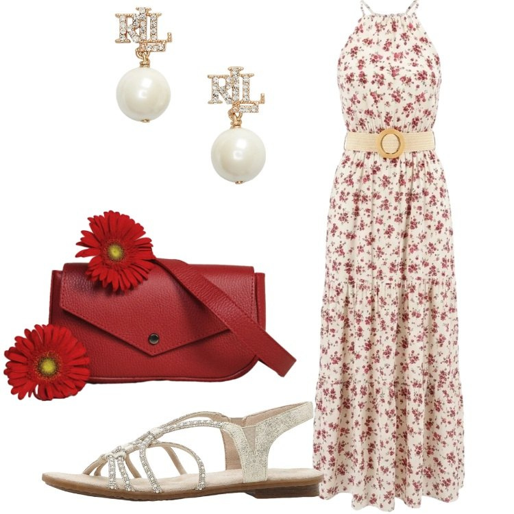 Outfit donna - Serata romantica. Stile Romantica per Serata fuori. Abbinamento con sandali, orecchini, borse a tracolla, vestiti lunghi.