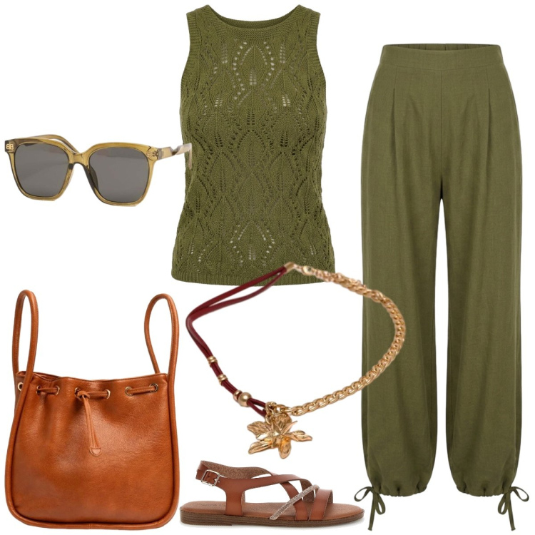Outfit donna - Total look #2420352. Stile Casual chic per Tutti i giorni. Abbinamento con canottiere, collane, occhiali da sole, borse a secchiello, pantaloni a palazzo, sandali.