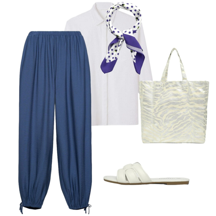Outfit donna - Terranova. per Tutti i giorni. Abbinamento con pantaloni, foulard, shopping bag, camicie, ciabatte.