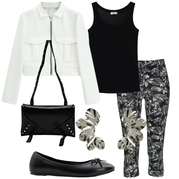 Outfit donna - Bianco e nero. Stile Casual per Tutti i giorni. Abbinamento con ballerine, leggings, cappotti, orecchini, top, borse a tracolla.