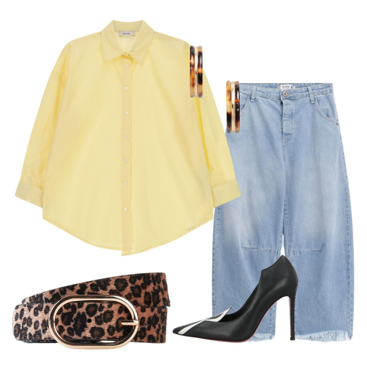 Outfit donna - Sole di sera. Stile Casual chic per Serata fuori. Abbinamento con décolleté, cinture, jeans, orecchini, camicie.