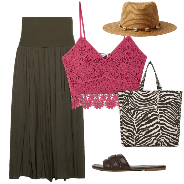 Outfit donna - Terranova. per Mare. Abbinamento con ciabatte, cappelli, shopping bag, top, gonne lunghe.