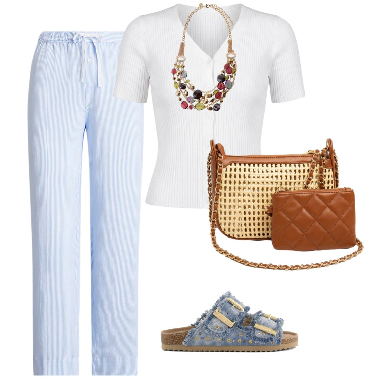 Outfit donna - Oroscopo il cancro. per Tutti i giorni. Abbinamento con pantaloni, collane, borse a spalla, t-shirt, sandali.