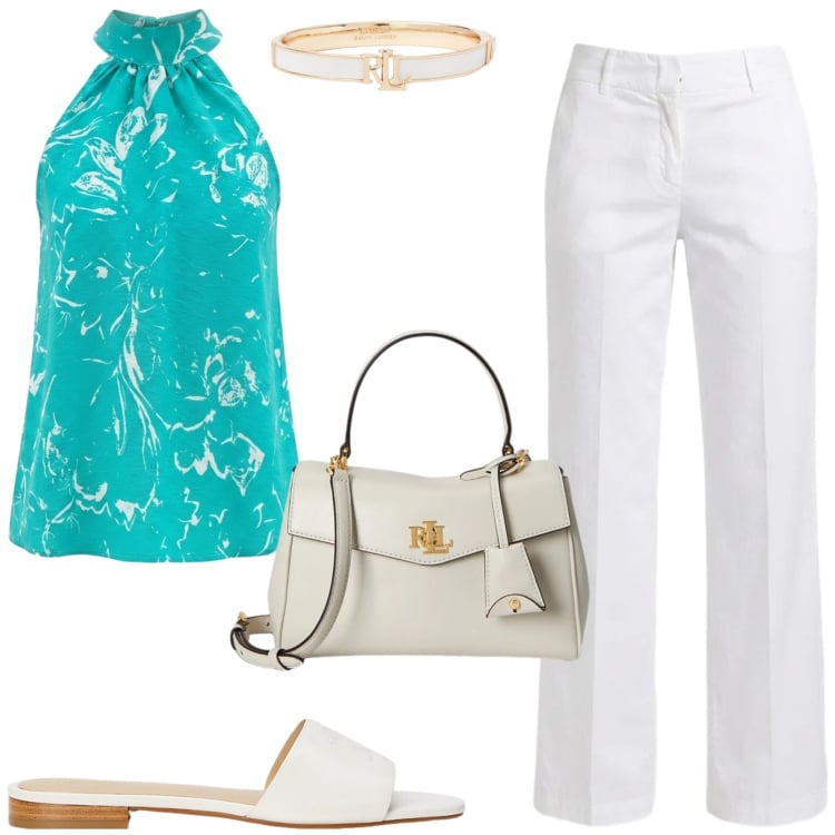 Outfit donna - Stilosa. Stile Chic per Tutti i giorni. Abbinamento con pantaloni, top, ciabatte, borse a mano, braccialetti.