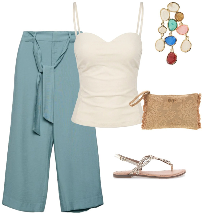 Outfit donna - Oroscopo il cancro. per Ufficio. Abbinamento con pantaloni a palazzo, orecchini, top, pochette, sandali.