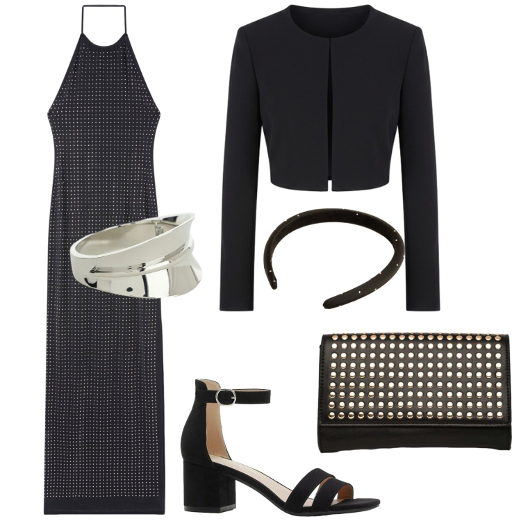 Outfit donna - Cerimonia in lungo. Stile Glamour per Cerimonia. Abbinamento con sandali col tacco, vestiti lunghi, braccialetti, bolero, clutch, cerchietti.