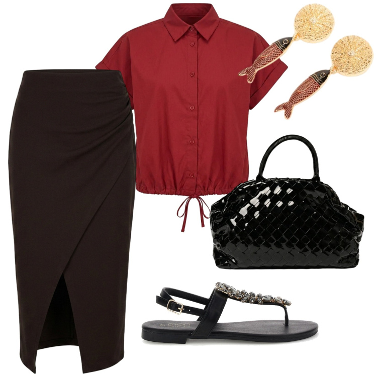 Outfit donna - Summer confidence. per Ufficio. Abbinamento con orecchini, borse a mano, camicie a manica corta, gonne longuette, sandali gioiello.