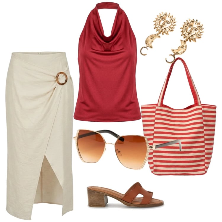 Outfit donna - Summer confidence. per Mare. Abbinamento con gonne longuette, top, occhiali da sole, borse tote, orecchini, sandali col tacco.
