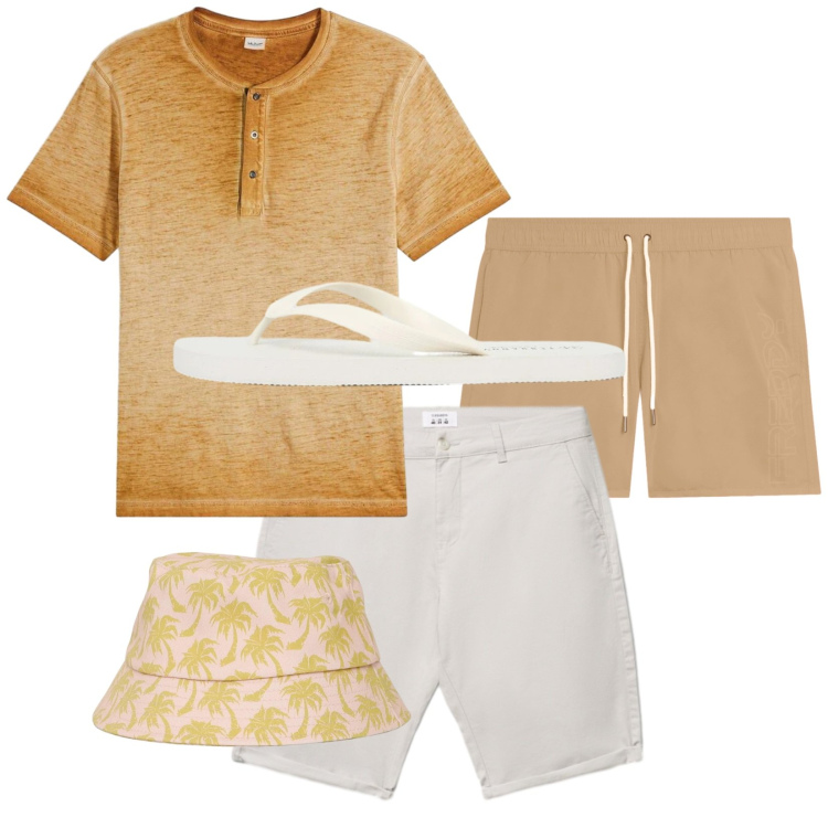 Outfit uomo - Total look #2420404. Stile Casual per Mare. Abbinamento con t-shirt, cappelli con visiera, sandali, shorts, costumi.