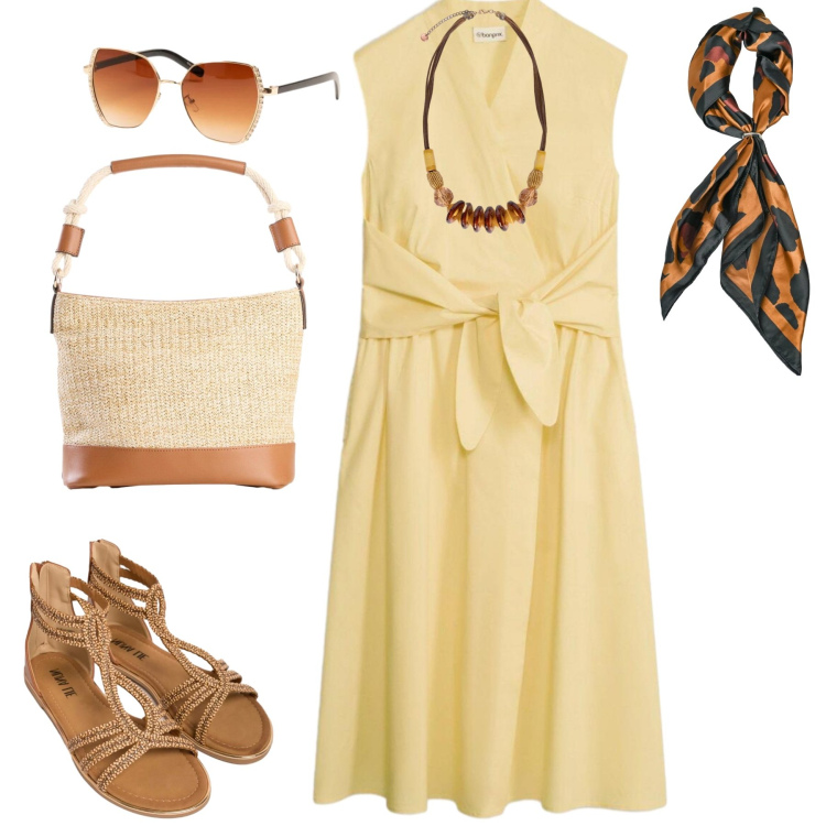 Outfit donna - Giugno. Stile Casual chic per Tutti i giorni. Abbinamento con vestiti, borse a secchiello, collane, sandali in pelle, occhiali da sole, foulard.