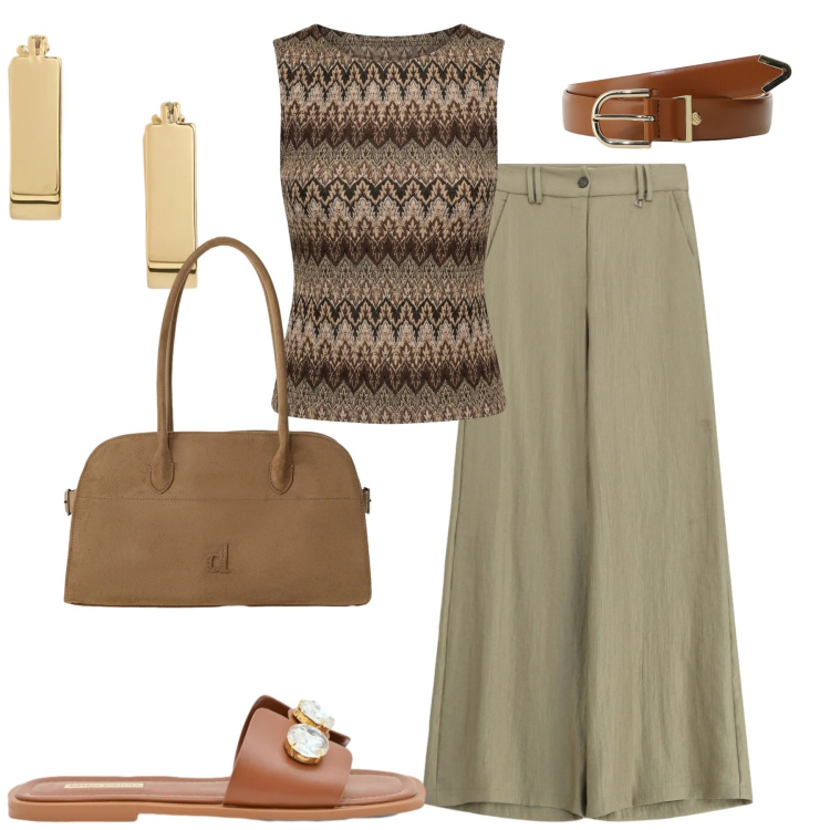 Outfit donna - Giugno. Stile Casual chic per Tutti i giorni. Abbinamento con cinture, sandali gioiello, orecchini, pantaloni a palazzo, cappotti, canottiere.