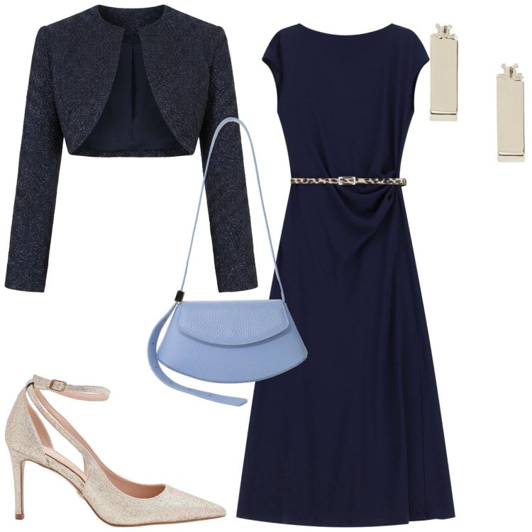 Outfit donna - Chic in blu. Stile Chic per Cerimonia. Abbinamento con vestiti midi/longuette, borse a spalla, décolleté, bolero, orecchini.