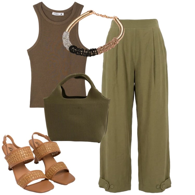 Outfit donna - Total look #2420424. Stile Casual chic per Tutti i giorni. Abbinamento con canottiere, collane, sandali in pelle, pantaloni, borse a mano.