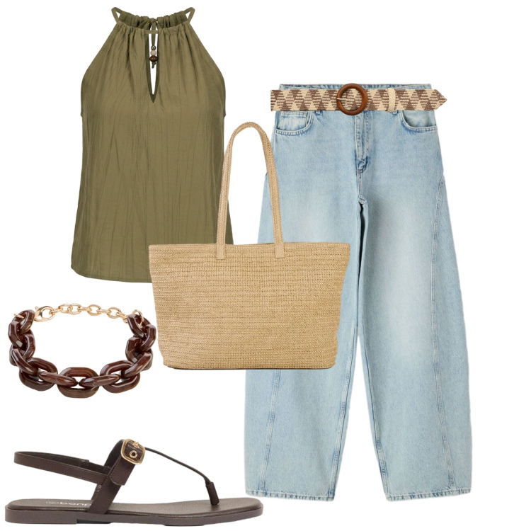 Outfit donna - Giugno. Stile Casual chic per Tutti i giorni. Abbinamento con braccialetti, shopping bag, sandali, jeans, cinture, top.