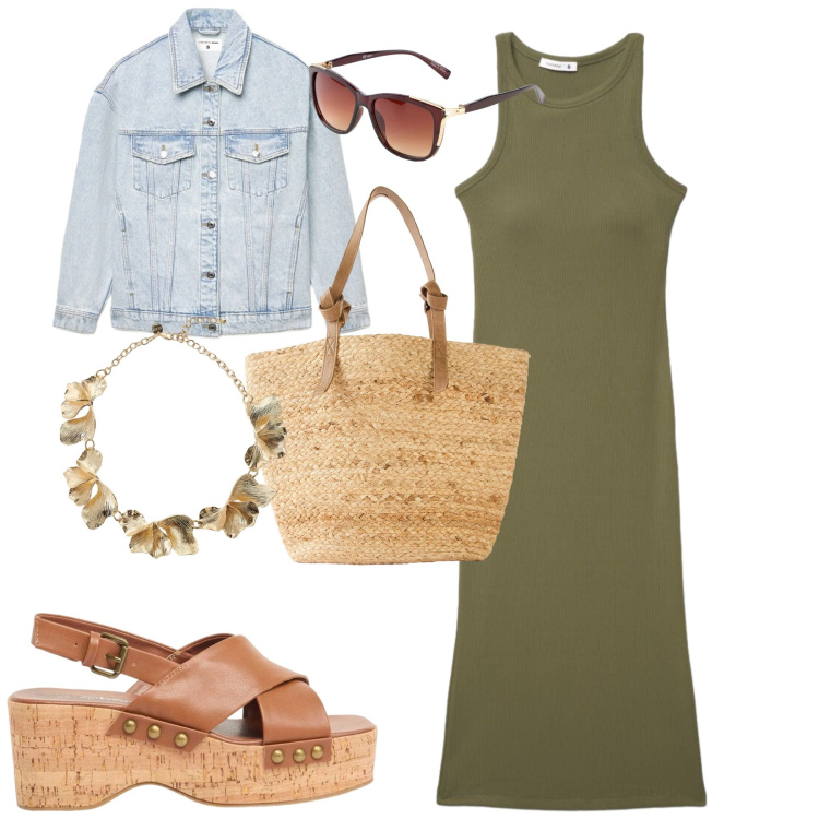 Outfit donna - City. Stile Casual chic per Tutti i giorni. Abbinamento con shopping bag, zeppe, occhiali da sole, vestiti midi/longuette, cappotti, collane.