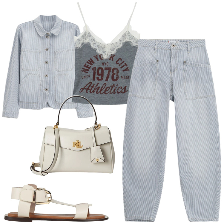 Outfit donna - City. Stile Casual chic per Tutti i giorni. Abbinamento con sandali alla schiava, jeans, blazer, borse a mano, top.
