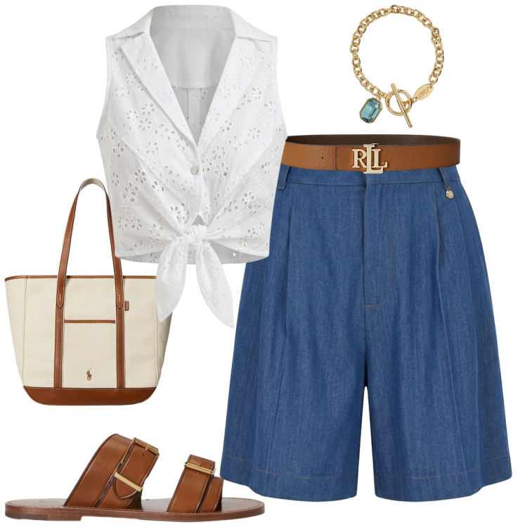 Outfit donna - Shorts idea. Stile Casual chic per Tutti i giorni. Abbinamento con bermuda, top, cinture, sandali in pelle, braccialetti, borse tote.