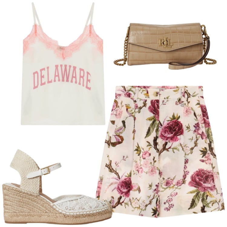Outfit donna - Romantica. Stile Casual chic per Tutti i giorni. Abbinamento con espadrillas, portafogli, bermuda, top.