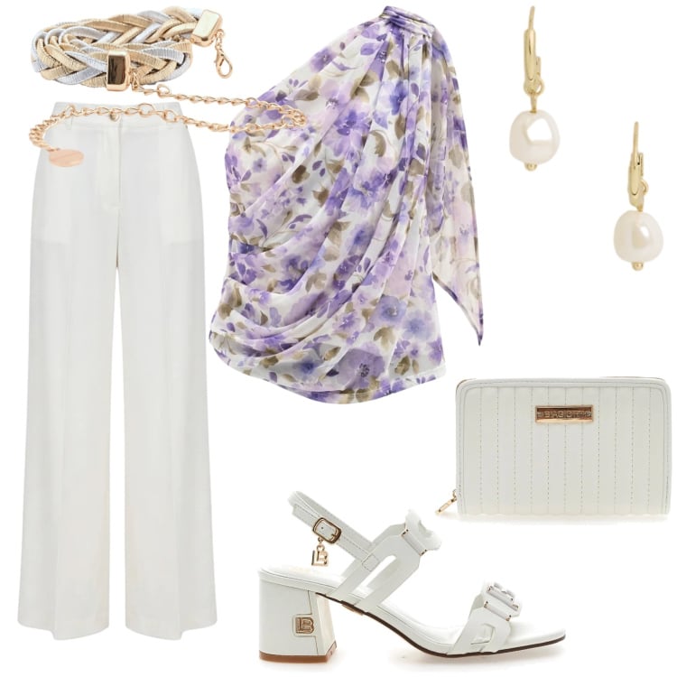 Outfit donna - Romantic flowers. Stile Casual chic per Serata fuori. Abbinamento con top, pantaloni a palazzo, cinture, orecchini, portafogli, sandali col tacco.