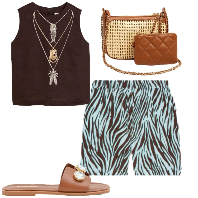 Outfit donna - Al mare. Stile Casual chic per Mare. Abbinamento con canottiere, sandali gioiello, shorts, ciondoli, borse a spalla.