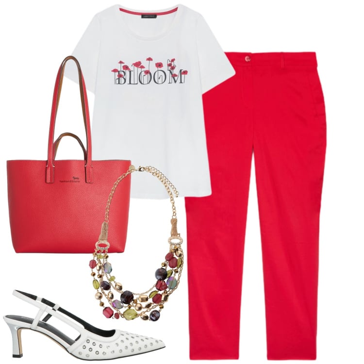 Outfit donna - Fiorella Rubino. Stile Urban per Tutti i giorni. Abbinamento con décolleté, shopping bag, t-shirt, pantaloni, collane.