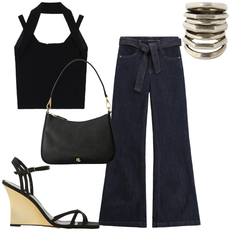 Outfit donna - Black. Stile Casual chic per Tutti i giorni. Abbinamento con jeans a zampa, sandali col tacco, top, borse a spalla, anelli.