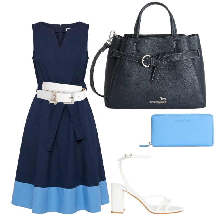 Outfit donna - Blue elegance. Stile Chic per Tutti i giorni. Abbinamento con vestiti senza maniche, sandali in pelle, portafogli, borse a mano, cinture.