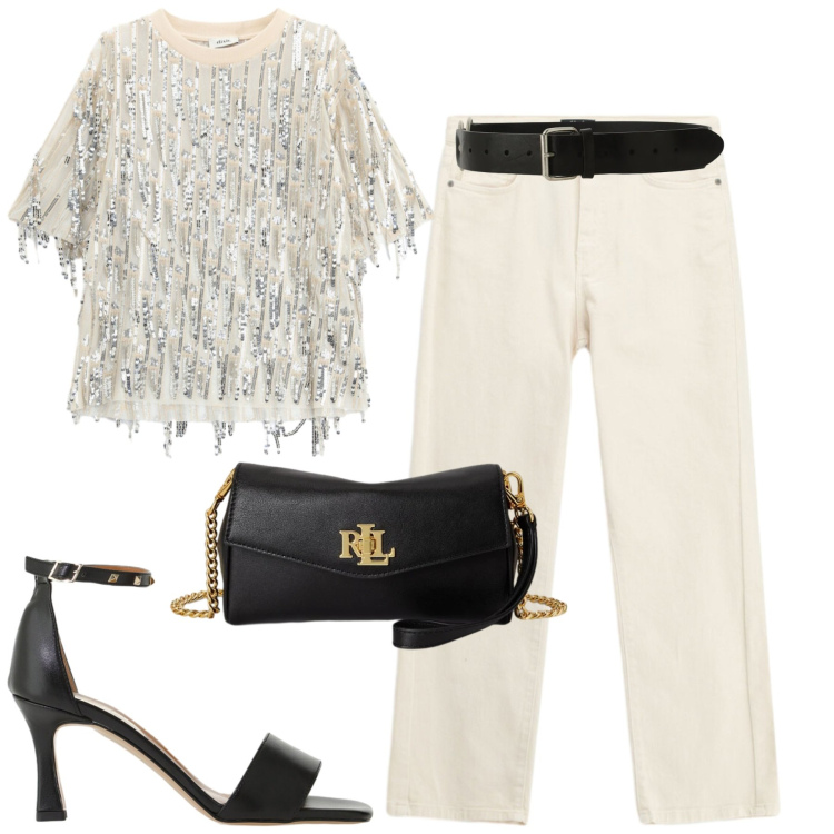 Outfit donna - Serata. Stile Casual chic per Serata fuori. Abbinamento con sandali col tacco, portafogli, jeans dritti, cinture, t-shirt.