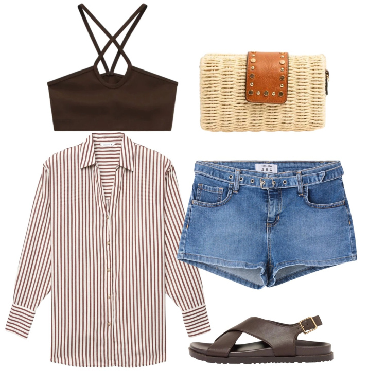 Outfit donna - Shorts con la camicia aperta. Stile Casual chic per Tutti i giorni. Abbinamento con sandali in pelle, shorts, camicie, top, clutch.