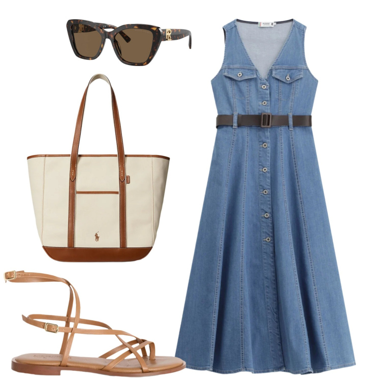 Outfit donna - Denim. Stile Casual chic per Tutti i giorni. Abbinamento con sandali in pelle, vestiti midi/longuette, occhiali da sole, borse tote.