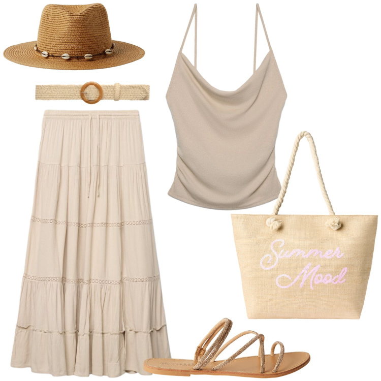 Outfit donna - Boho chic. Stile Boho per Tutti i giorni. Abbinamento con gonne lunghe, cinture, canottiere, sandali, cappelli, borse tote.