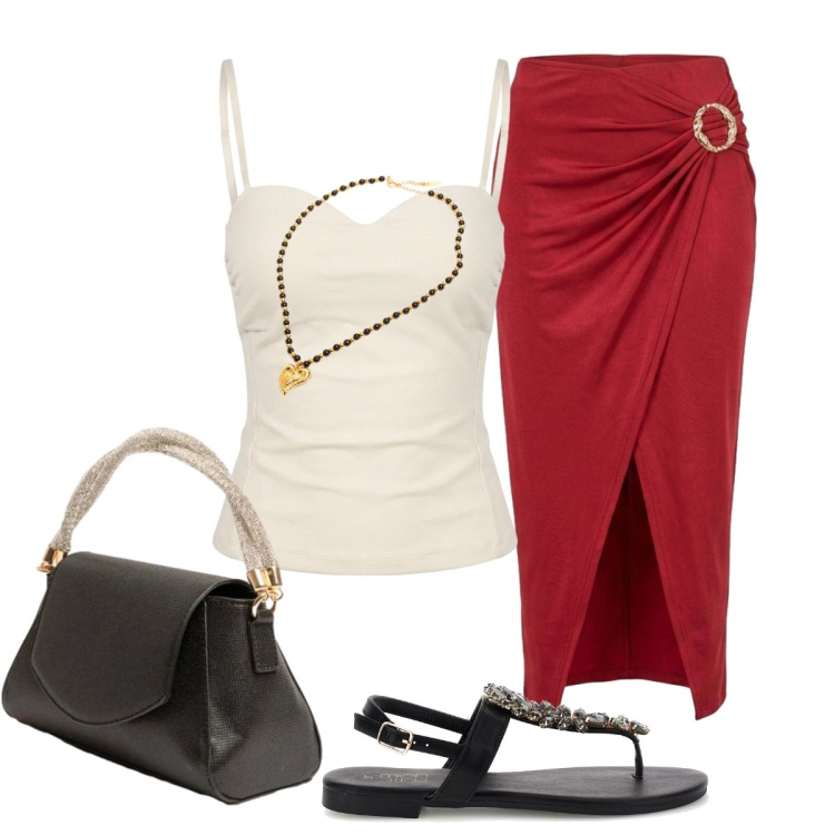 Outfit donna - Per la serata scelgo lo stile Nunalie. Stile Glamour per Serata fuori. Abbinamento con gonne longuette, top, borse a mano, collane, sandali gioiello.