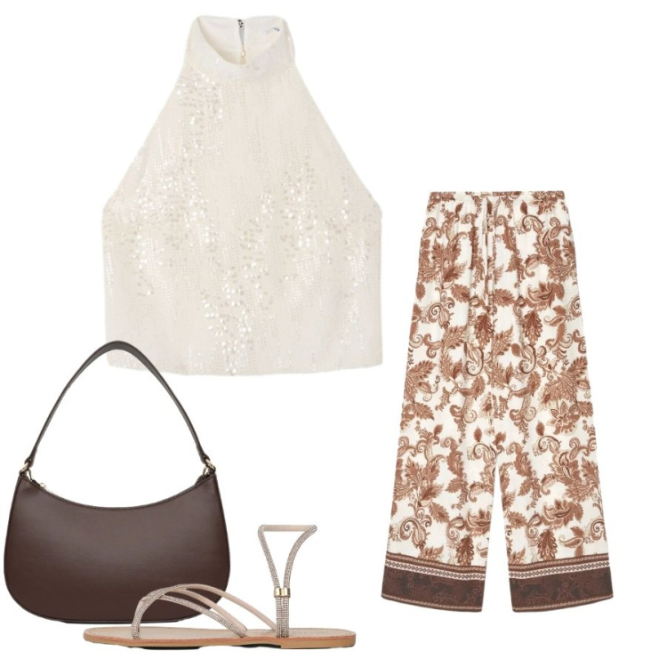 Outfit donna - Island of summer. Stile Casual chic per Tutti i giorni. Abbinamento con top, pantaloni, sandali, borse a tracolla.