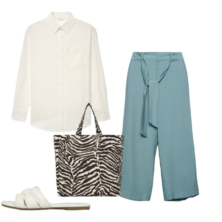 Outfit donna - Island of summer. Stile Casual chic per Tutti i giorni. Abbinamento con pantaloni a palazzo, camicie, ciabatte, shopping bag.