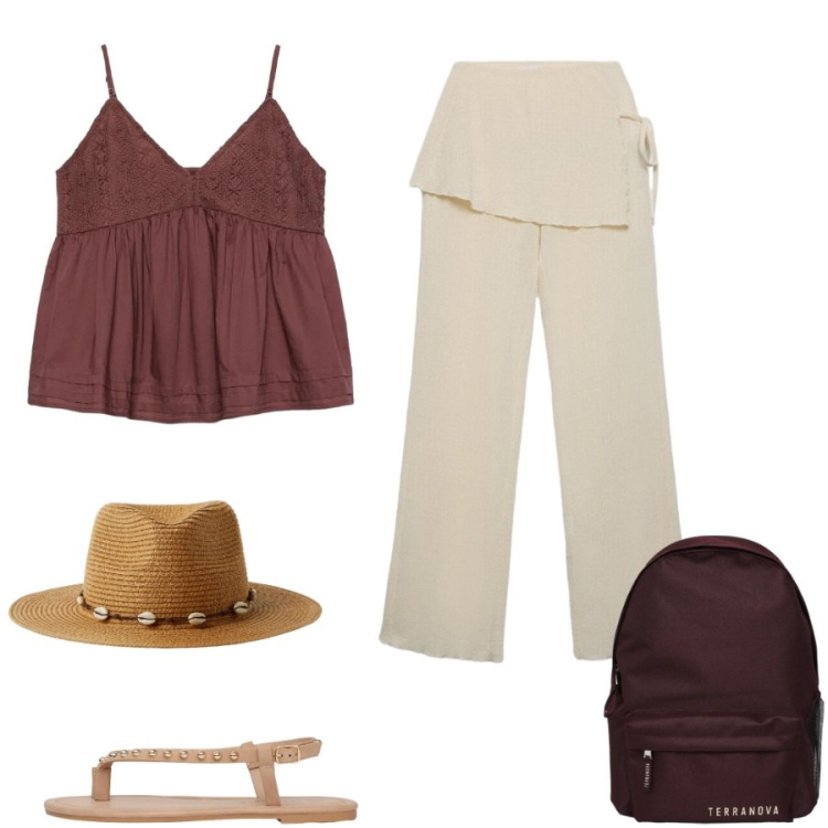 Outfit donna - Island of summer. Stile Casual chic per Tutti i giorni. Abbinamento con pantaloni, ciabatte, cappelli, zaini, canottiere.