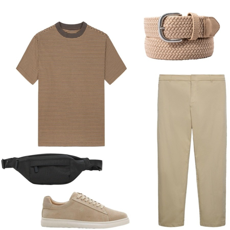 Outfit uomo - Casual Chic. Stile Casual per Tutti i giorni. Abbinamento con sneakers, pantaloni chino, borse sportive, cinture, t-shirt.