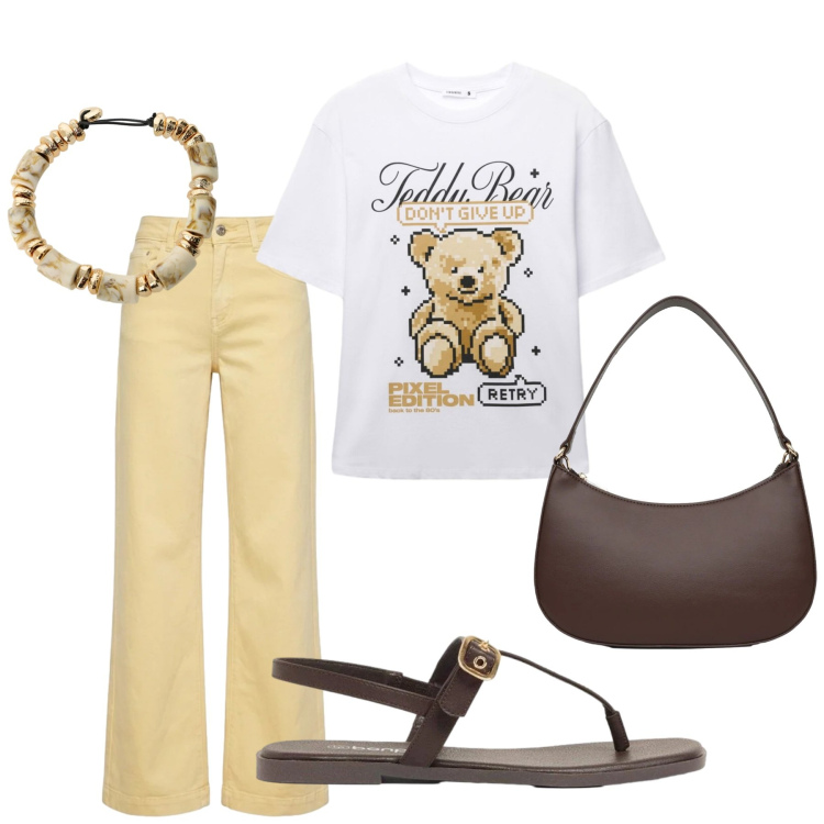 Outfit donna - Total look #2420453. Stile Basic per Tutti i giorni. Abbinamento con sandali, t-shirt, borse a tracolla, braccialetti, pantaloni.