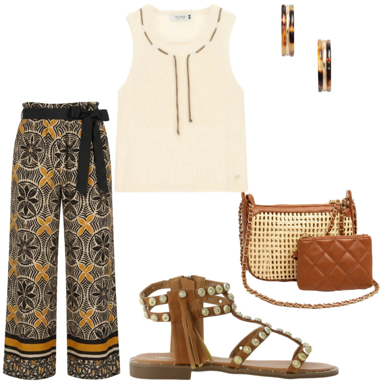 Outfit donna - My sister. Stile Basic per Tutti i giorni. Abbinamento con sandali, top, orecchini, pantaloni, borse a spalla.