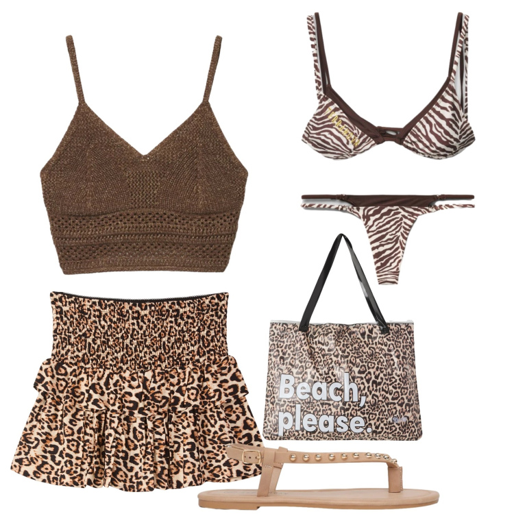 Outfit donna - Mare mare. Stile Rock per Mare. Abbinamento con minigonne, borse tote, ciabatte, top, bikini, bikini.