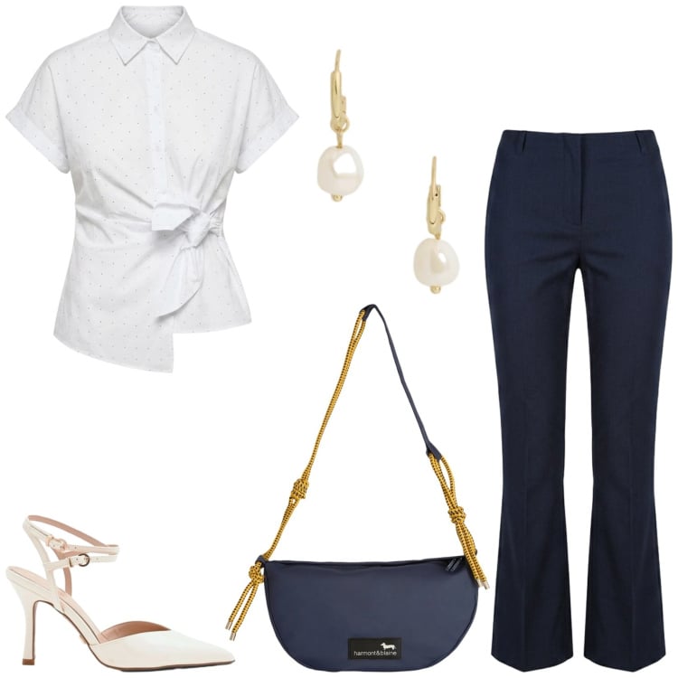 Outfit donna - Total look #2420460. Stile Chic per Ufficio. Abbinamento con borse a tracolla, décolleté, orecchini, camicie a manica corta, pantaloni.