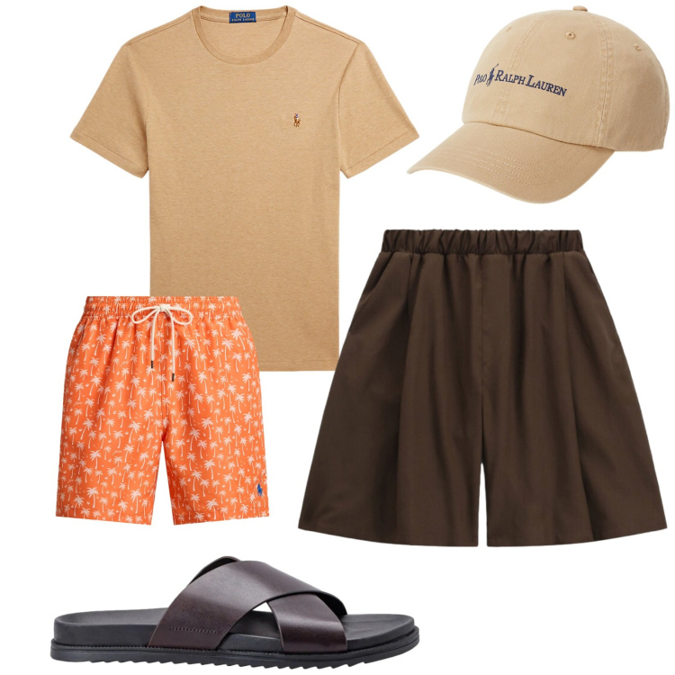 Outfit uomo - Total look #2420463. Stile Casual per Mare. Abbinamento con bermuda, t-shirt, cappelli, costumi, sandali.