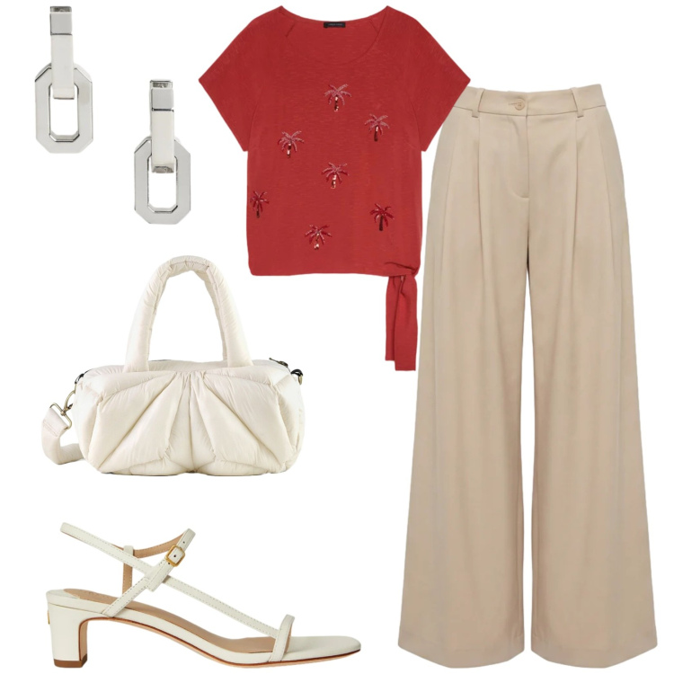 Outfit donna - Total look #2420466. Stile Casual chic per Ufficio. Abbinamento con pantaloni, top, orecchini, sandali in pelle, borse a mano.