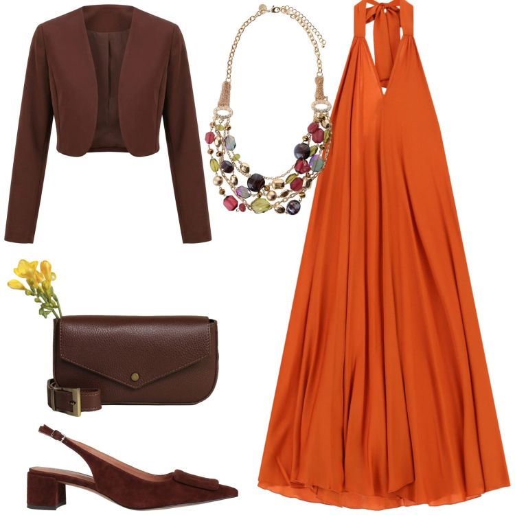 Outfit donna - Total look #2420468. Stile Chic per Cerimonia. Abbinamento con décolleté, bolero, vestiti lunghi, borse a tracolla, collane.