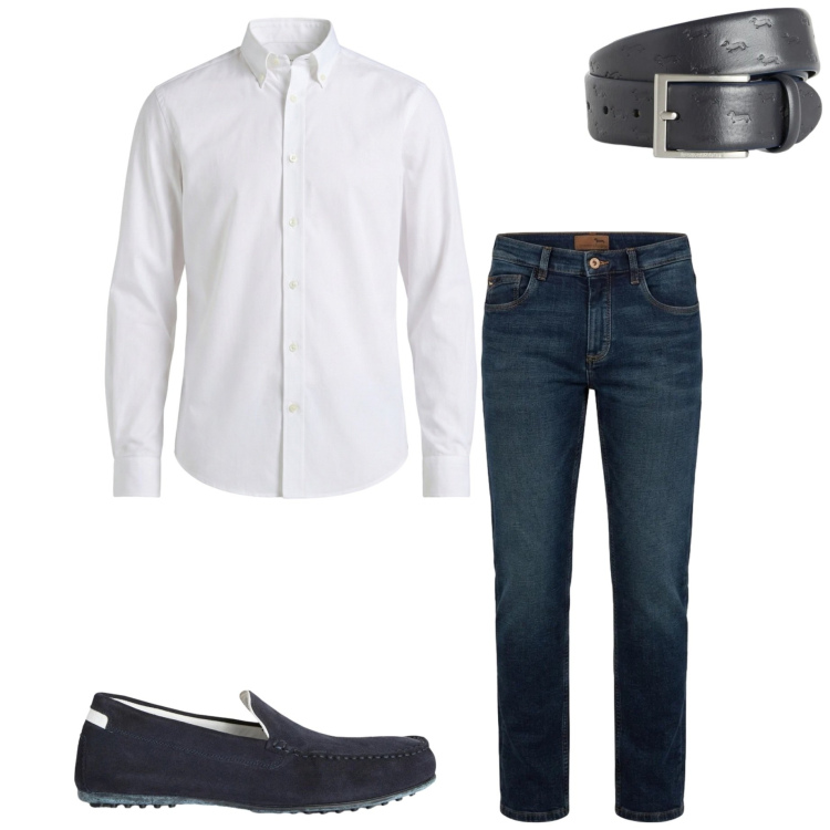 Outfit uomo - Smart casual. Stile Business/Elegante per Ufficio. Abbinamento con scarpe stringate, cinture, camicie, jeans.