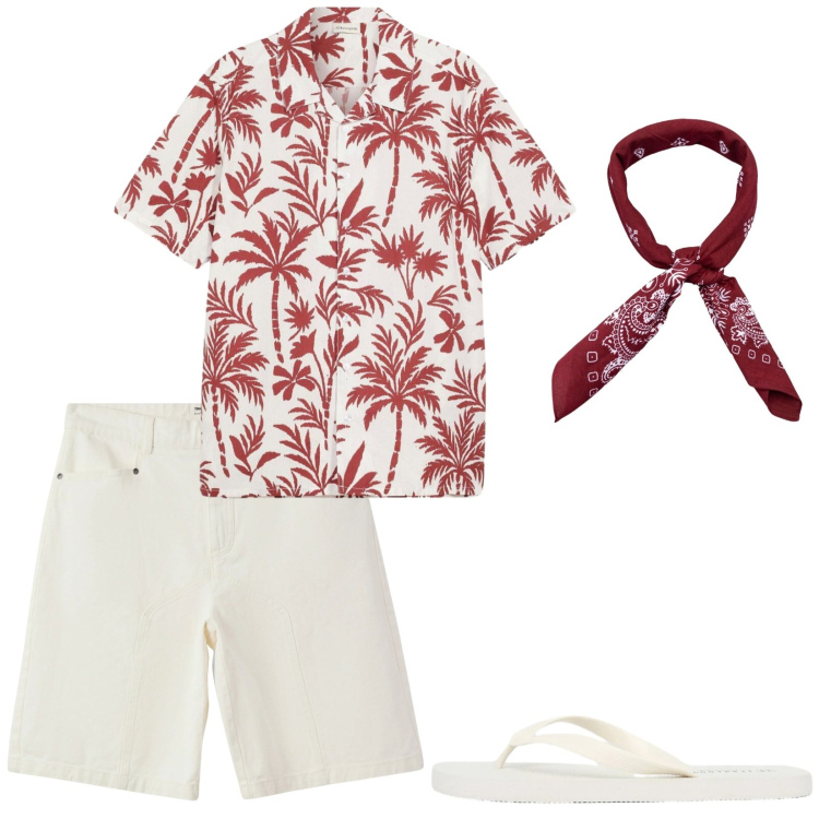 Outfit uomo - Spensieratezza al mare. Stile Casual per Tutti i giorni. Abbinamento con camicie a manica corta, bermuda, sandali, sciarpe e foulard.