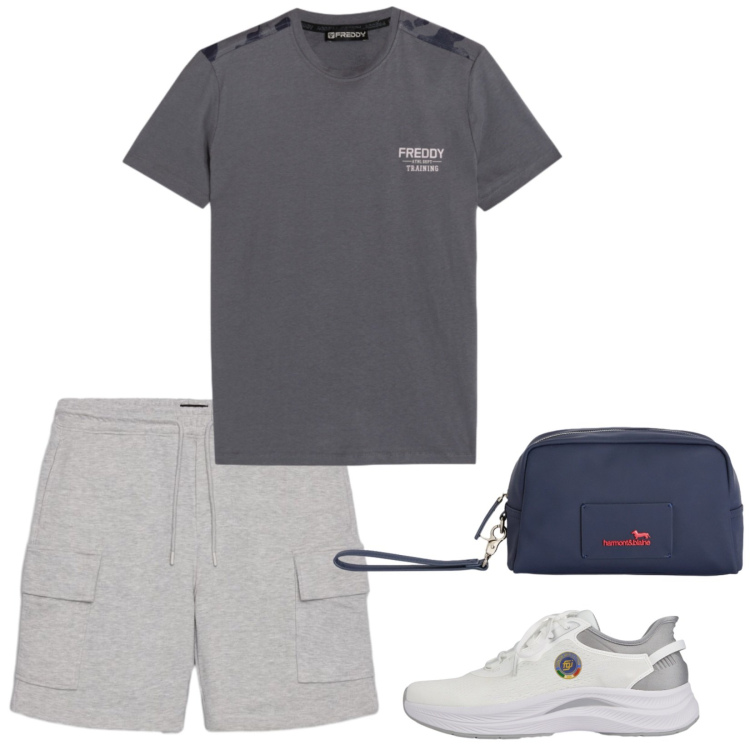 Outfit uomo - Total look #2420476. Stile Casual per Sport. Abbinamento con bermuda, borse sportive, t-shirt, scarpe sportive.
