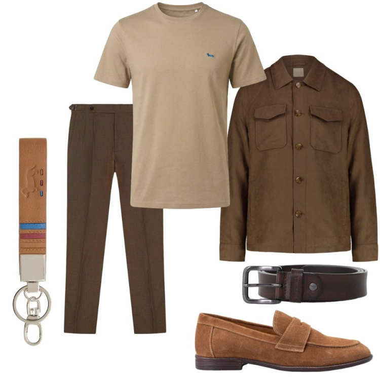 Outfit uomo - Casual. Stile Casual per Tutti i giorni. Abbinamento con portachiavi, t-shirt, scarpe stringate, cappotti, pantaloni, cinture.